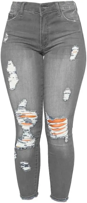 Andongnywell Women's Stretchy Ripped Hole Skinny Jeans Butt Lifting Distressed Denim Pants with Pockets Trousers