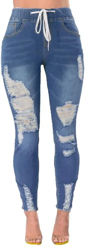 Andongnywell Women's Stretchy Ripped Hole Skinny Jeans Butt Lifting Distressed Denim Pants with Pockets Trousers