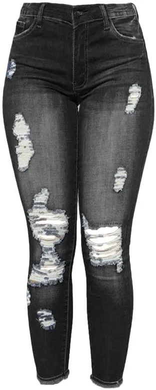 Andongnywell Women's Stretchy Ripped Hole Skinny Jeans Butt Lifting Distressed Denim Pants with Pockets Trousers