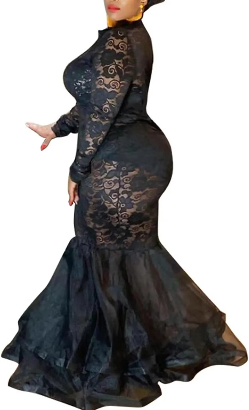 Aro Lora Womens Sexy Lace Long Sleeve See Through Sheer Mesh Ruffle Plus Size Party Bodycon Mermaid Maxi Dress