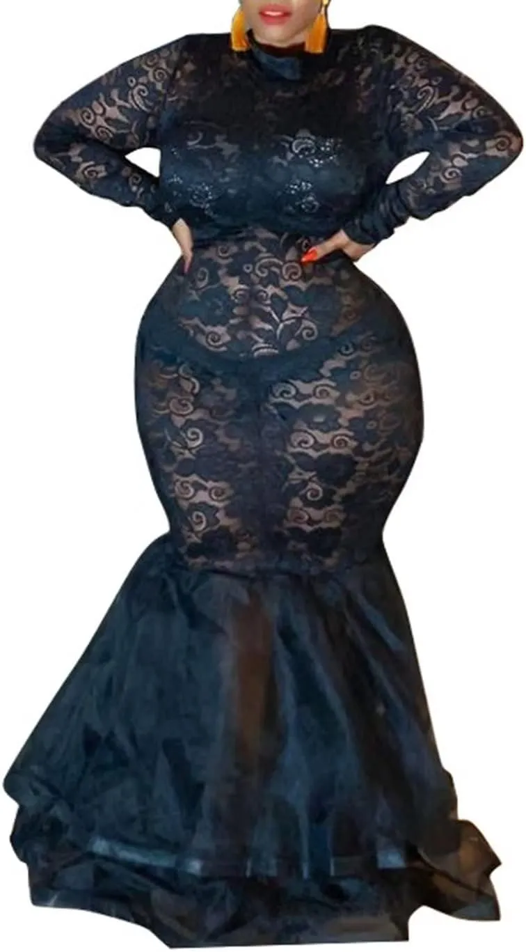 Aro Lora Womens Sexy Lace Long Sleeve See Through Sheer Mesh Ruffle Plus Size Party Bodycon Mermaid Maxi Dress