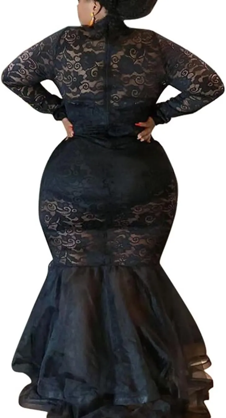 Aro Lora Womens Sexy Lace Long Sleeve See Through Sheer Mesh Ruffle Plus Size Party Bodycon Mermaid Maxi Dress