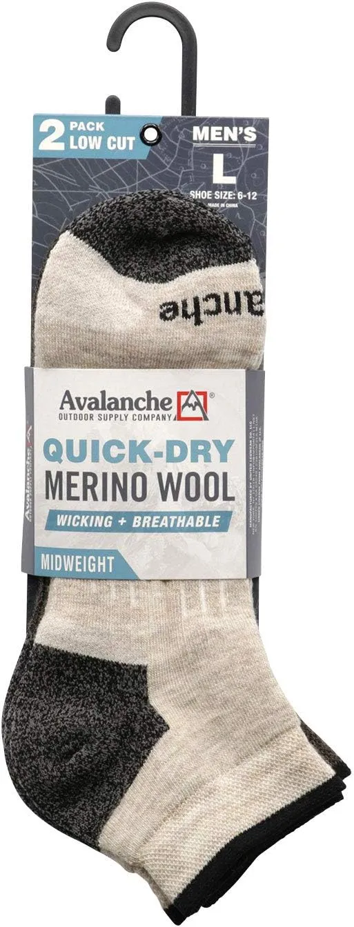 Avalanche Men's Quick Drying Merino Wool Blend Low Cut Socks With Arch Support 2-Pack