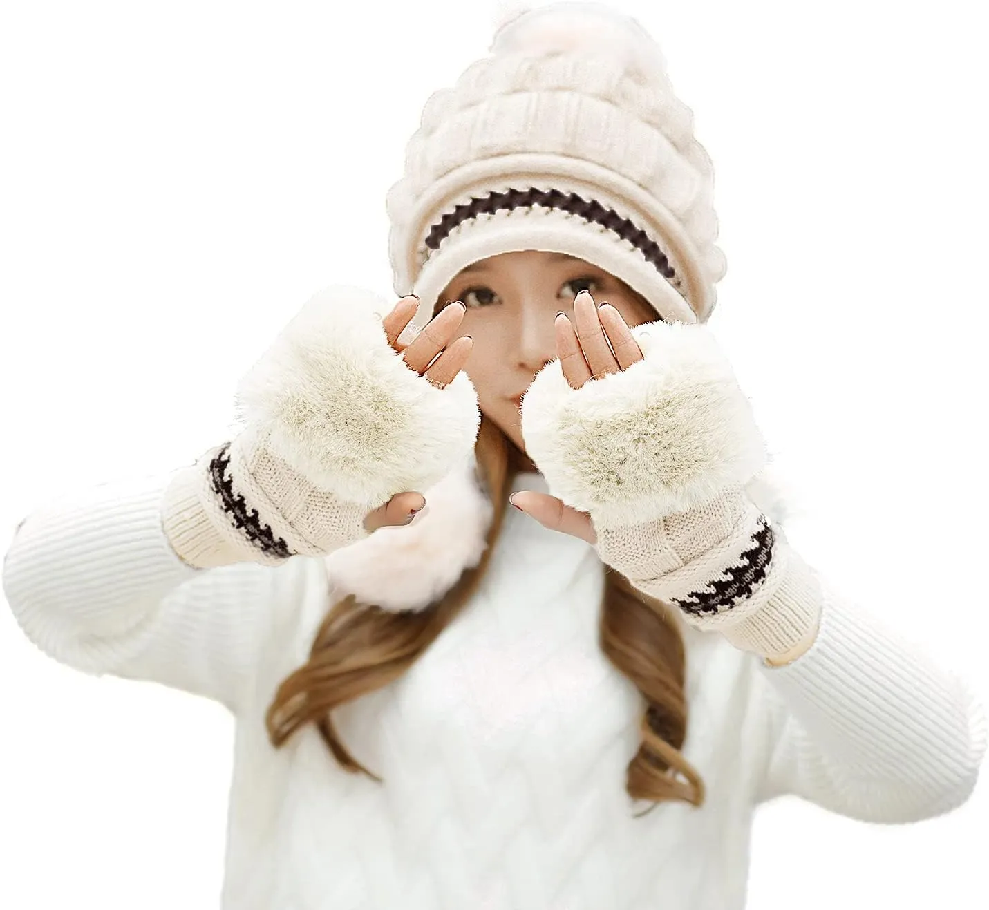 Bellady Women Knit Beanie Winter Ski Hat Cap with Earflap Pom Glove Set