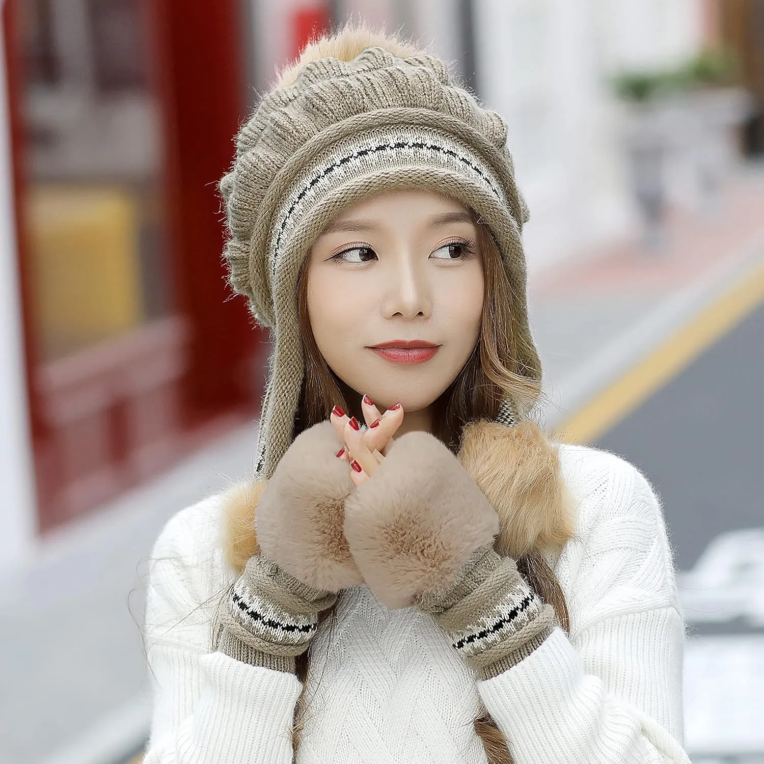Bellady Women Knit Beanie Winter Ski Hat Cap with Earflap Pom Glove Set