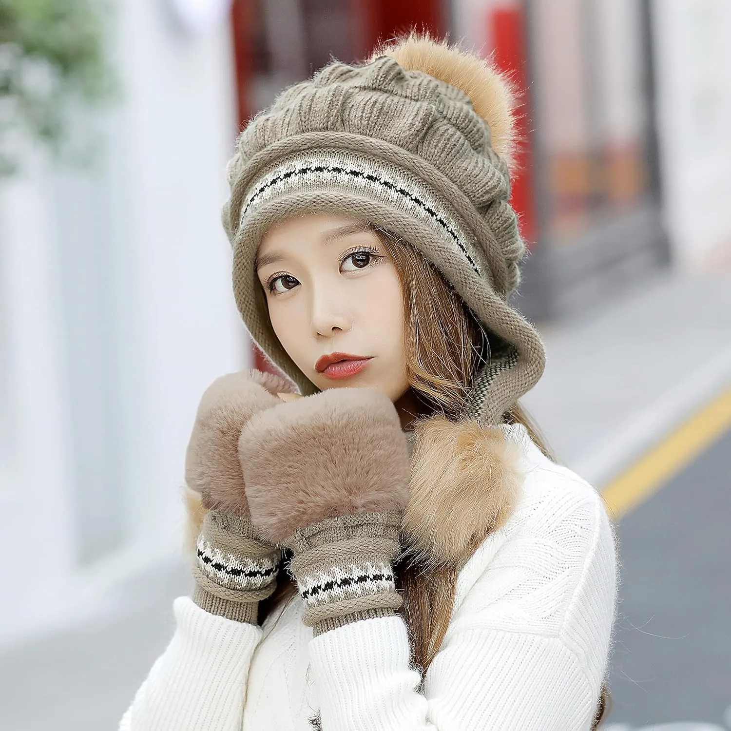 Bellady Women Knit Beanie Winter Ski Hat Cap with Earflap Pom Glove Set