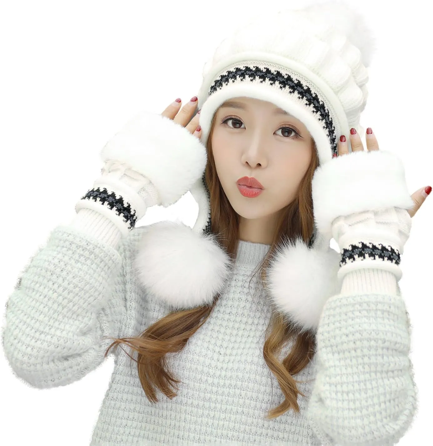 Bellady Women Knit Beanie Winter Ski Hat Cap with Earflap Pom Glove Set