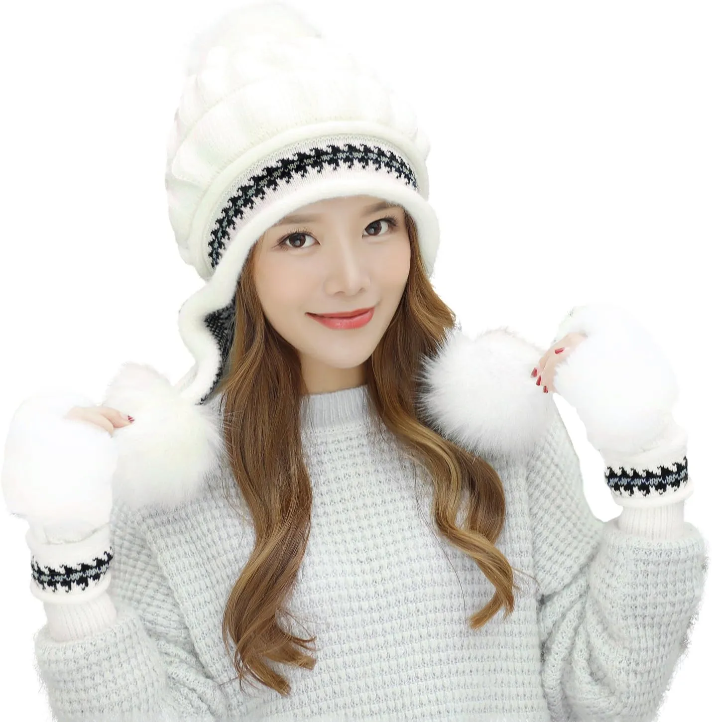 Bellady Women Knit Beanie Winter Ski Hat Cap with Earflap Pom Glove Set