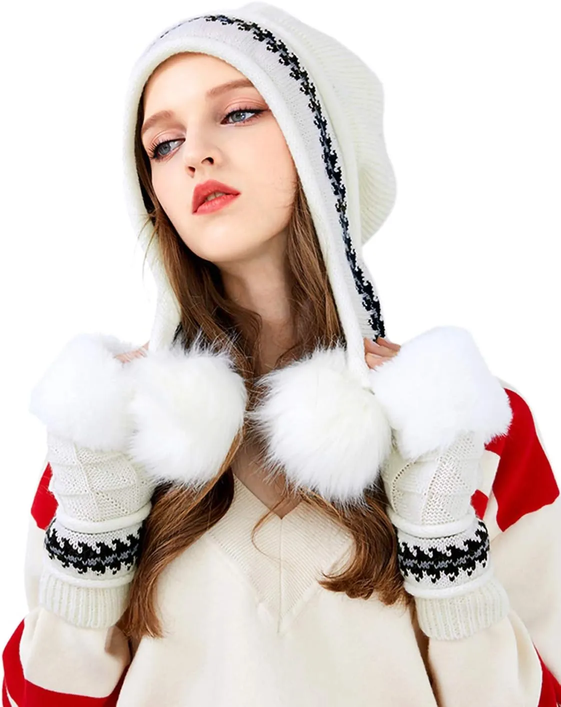 Bellady Women Knit Beanie Winter Ski Hat Cap with Earflap Pom Glove Set