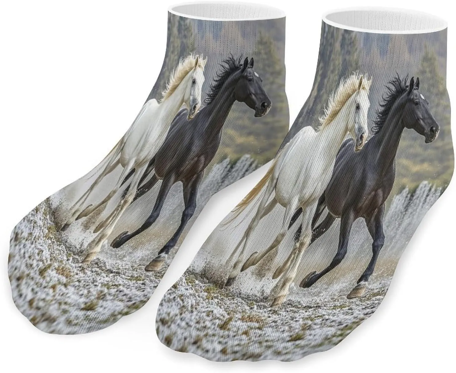 Black And White Horses Running Socks Low Cut Ankle Short Sock Novelty Casual Invisible Liner Socks for Men Women