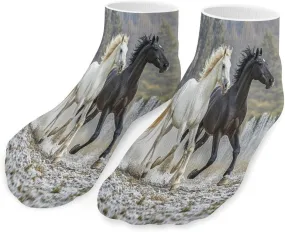 Black And White Horses Running Socks Low Cut Ankle Short Sock Novelty Casual Invisible Liner Socks for Men Women