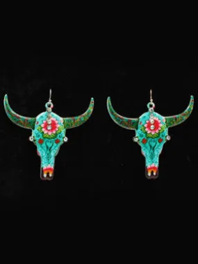 Blazin Roxx 30949 Womens Floral Cow Skull Earrings Multi Color