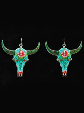 Blazin Roxx 30949 Womens Floral Cow Skull Earrings Multi Color