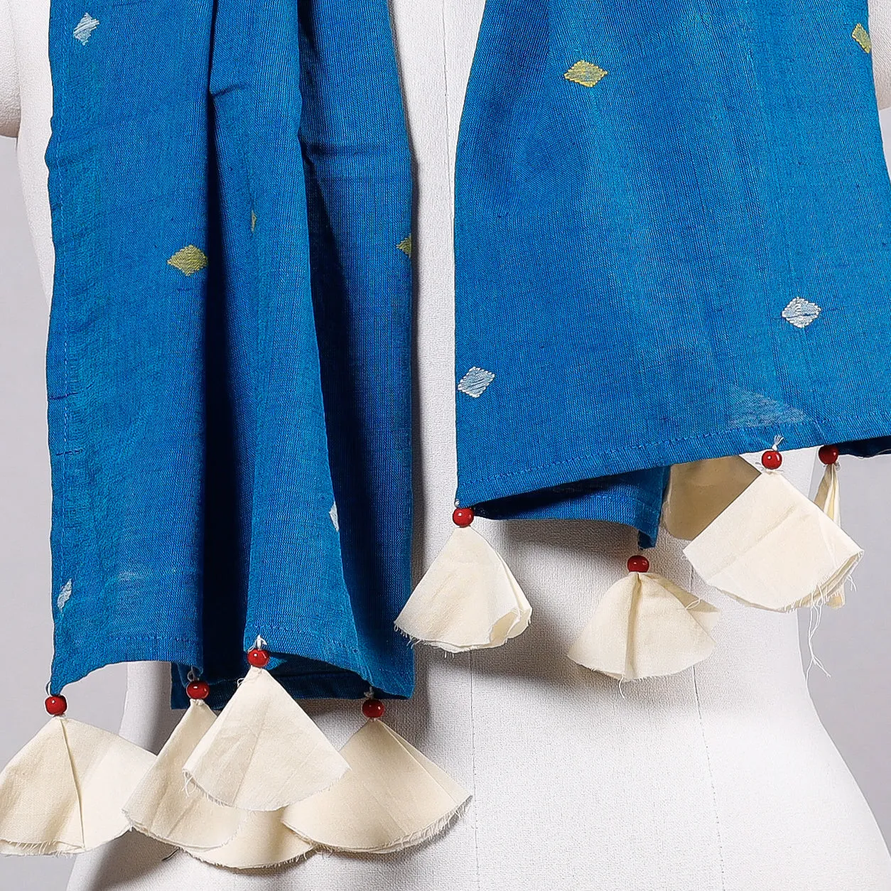 Blue - Godavari Jamdani Buti Patchwork Cotton Stole with Tassels
