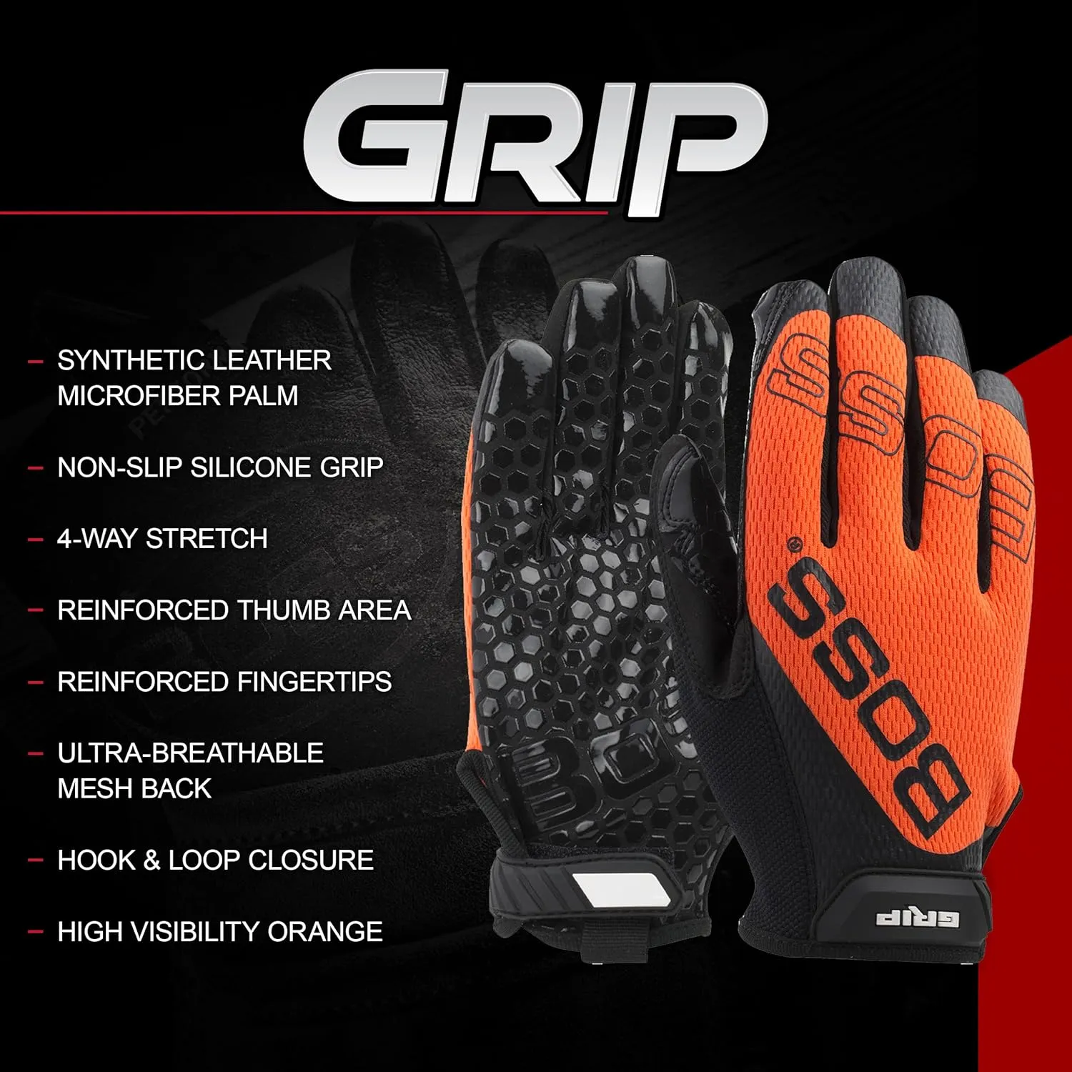 Boss Men's Synthetic Microfiber with Silicone Grip Safety Work Gloves, Mesh Back, Non-slip Grip, Touchscreen, High Dexterity