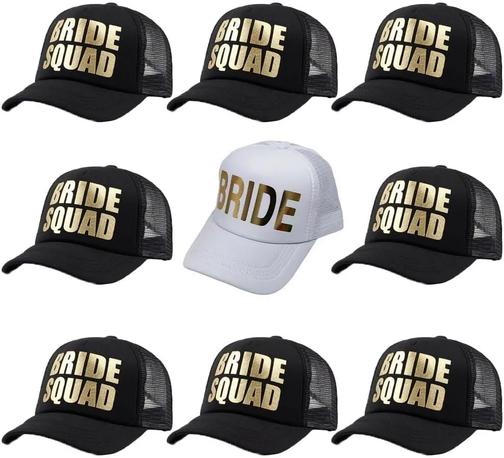Bride Wedding Baseball Cap 9pcs Gold Print Mesh Hat Bachelor Bachelorette Party Baseball Hats Set Adjustable Cotton Truck Caps
