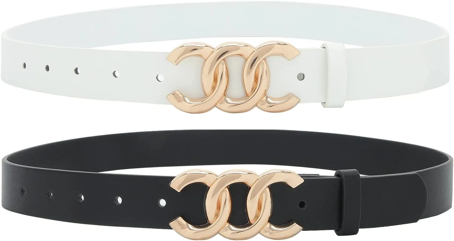 Earnda 2 Pack Women Belts for Jeans Dresses Fashion Gold Buckle Ladies Waist Belt Faux Leather Size up to 41 inch