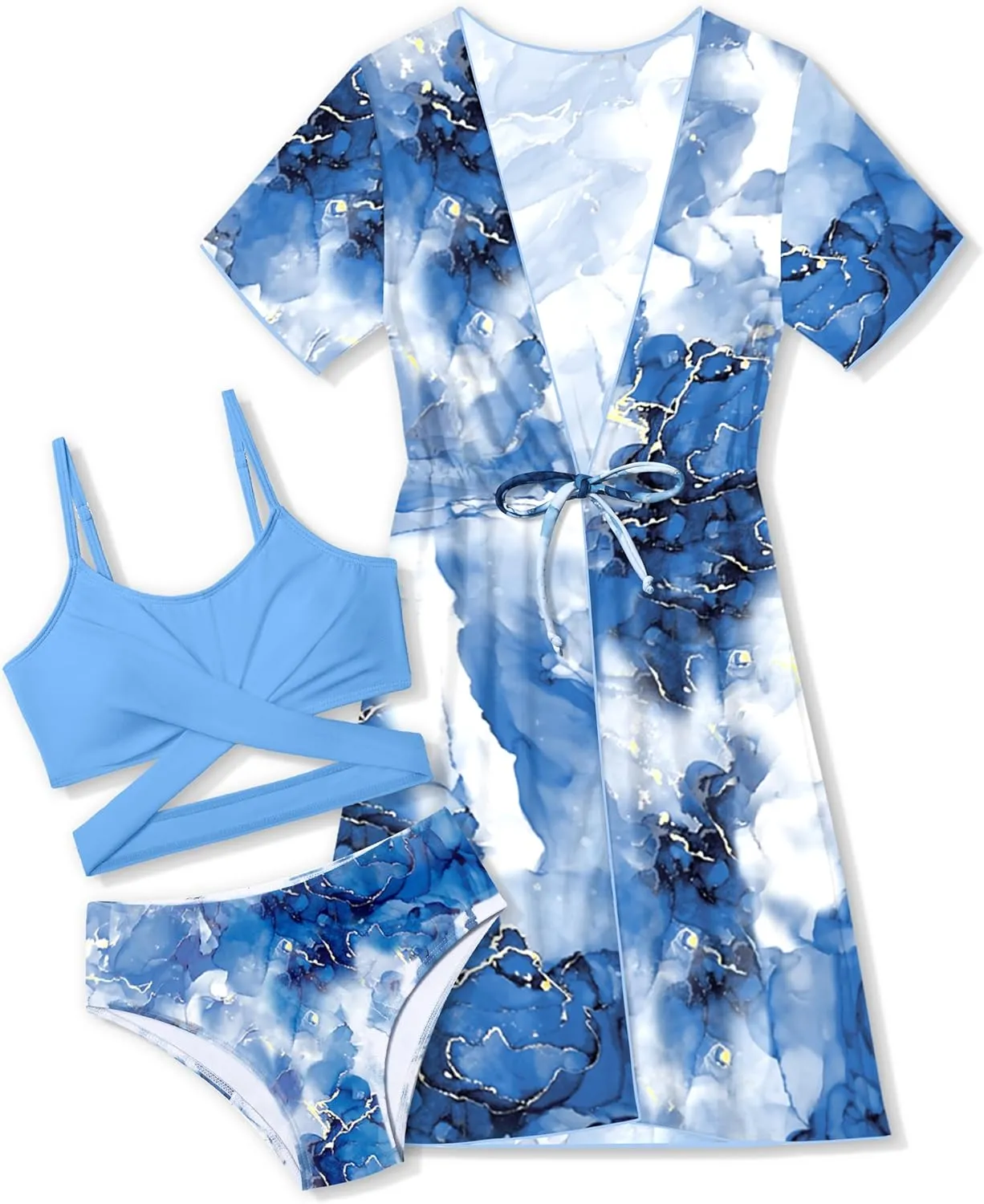 Girls Swimsuit 3 Piece Tropical Print Bikini Set Criss Cross Bathing Suit with Drawstring Quick Dry Cover Up 7-16Y