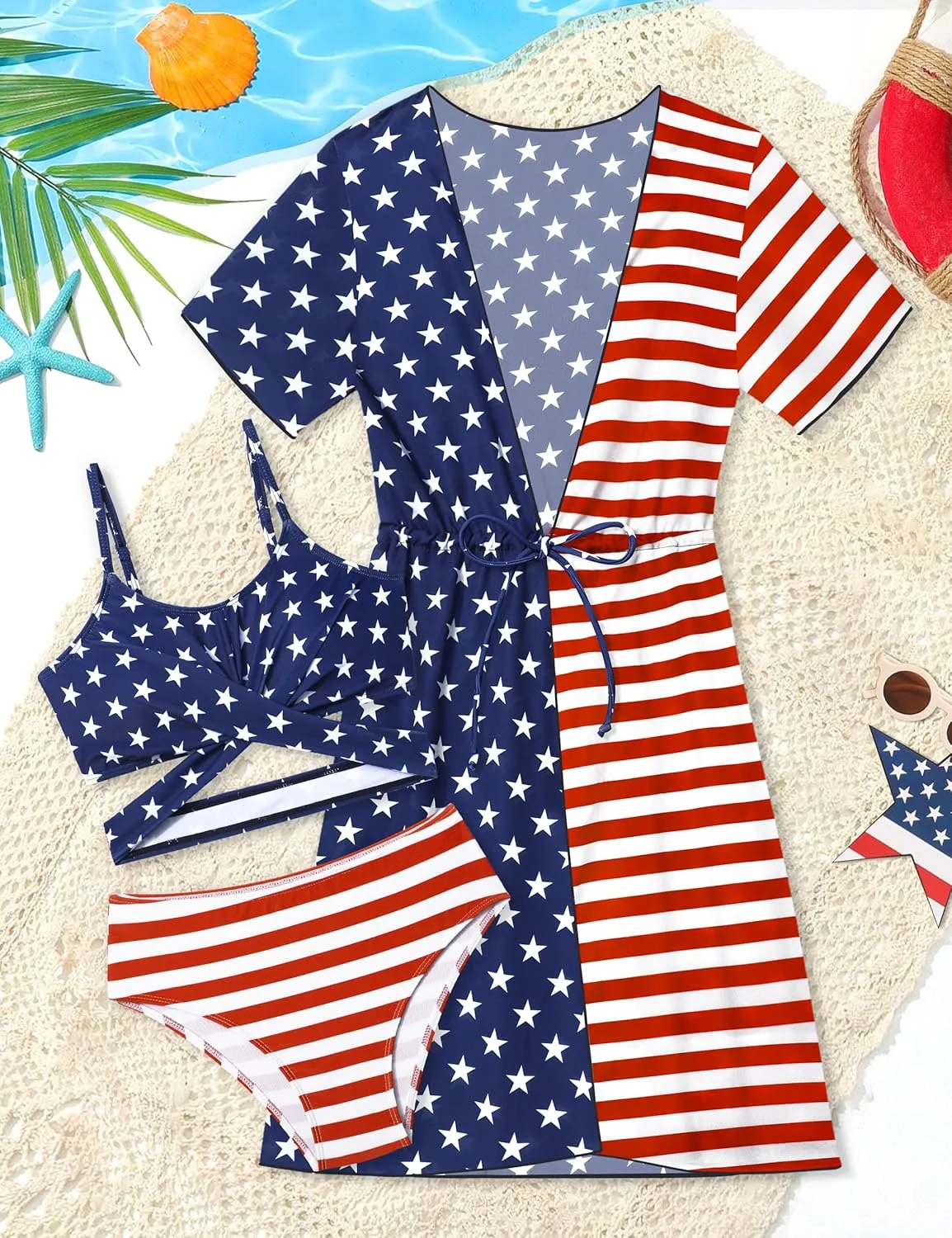 Girls Swimsuit 3 Piece Tropical Print Bikini Set Criss Cross Bathing Suit with Drawstring Quick Dry Cover Up 7-16Y