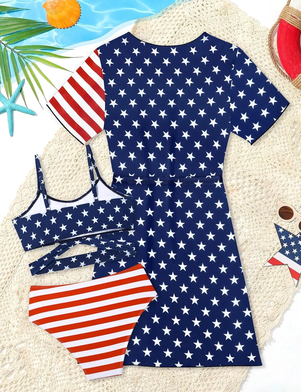 Girls Swimsuit 3 Piece Tropical Print Bikini Set Criss Cross Bathing Suit with Drawstring Quick Dry Cover Up 7-16Y