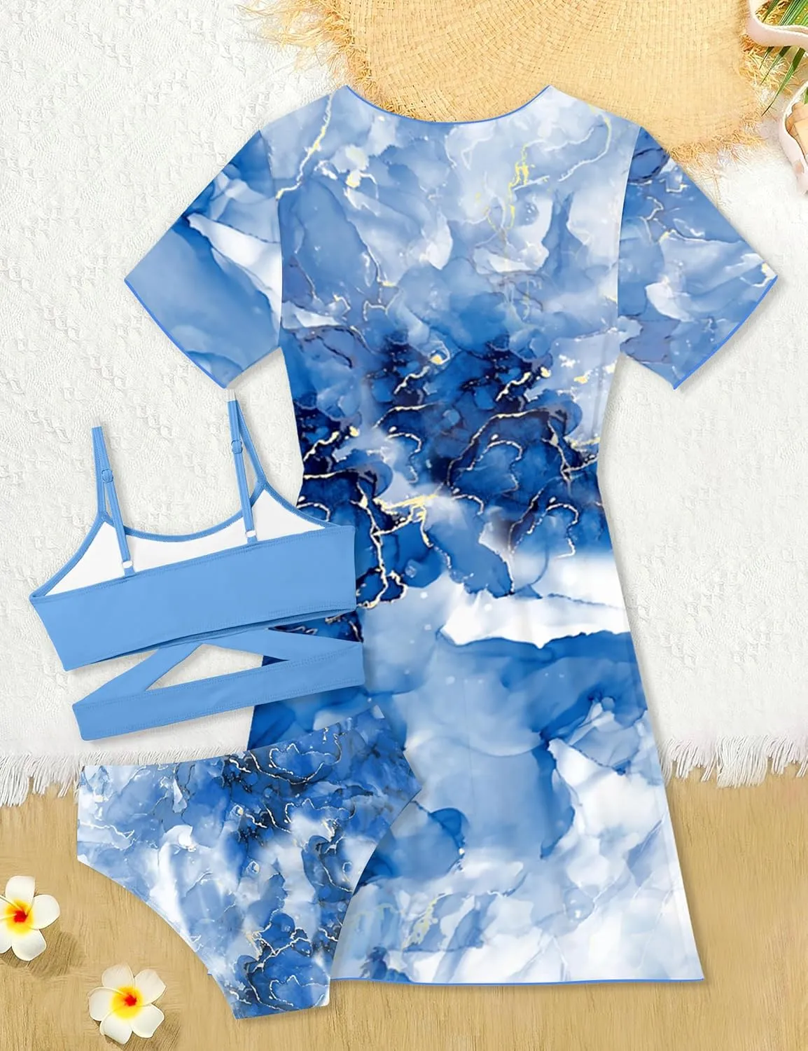Girls Swimsuit 3 Piece Tropical Print Bikini Set Criss Cross Bathing Suit with Drawstring Quick Dry Cover Up 7-16Y