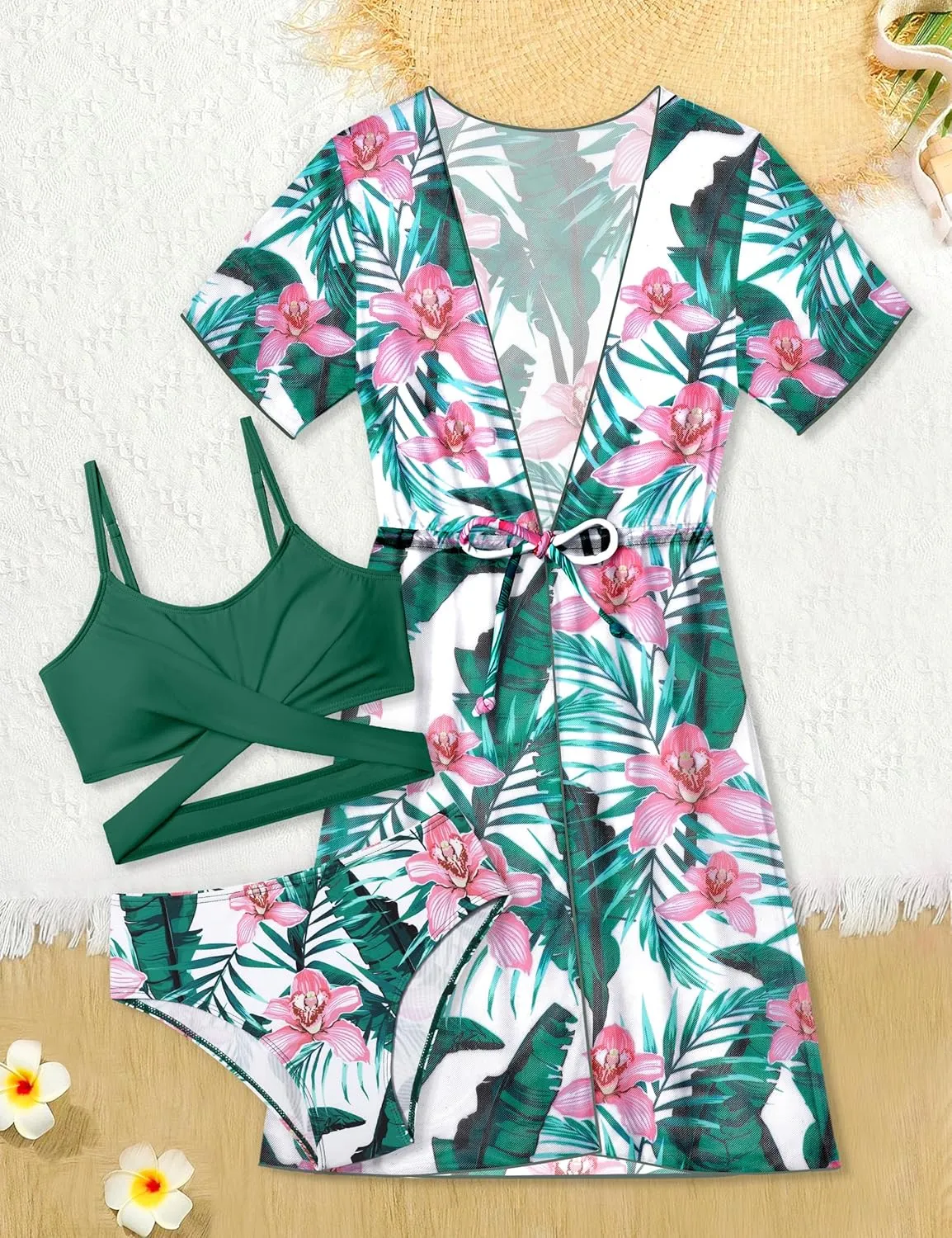 Girls Swimsuit 3 Piece Tropical Print Bikini Set Criss Cross Bathing Suit with Drawstring Quick Dry Cover Up 7-16Y