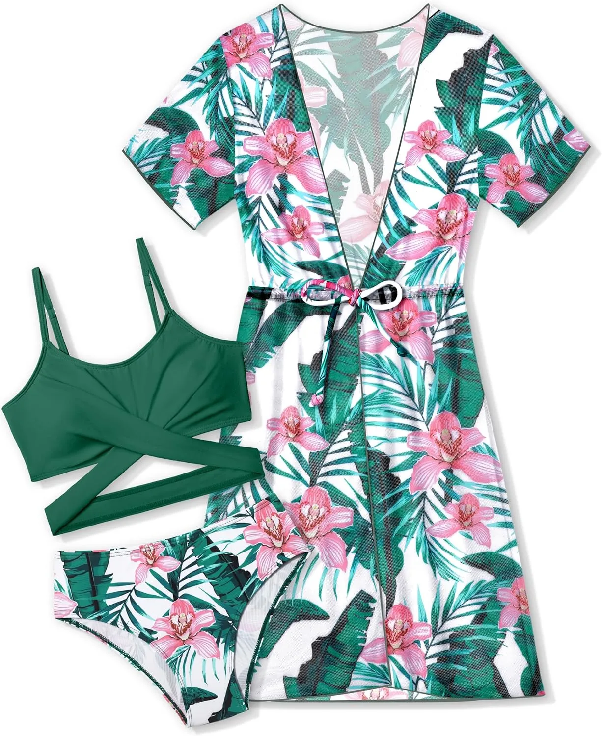 Girls Swimsuit 3 Piece Tropical Print Bikini Set Criss Cross Bathing Suit with Drawstring Quick Dry Cover Up 7-16Y