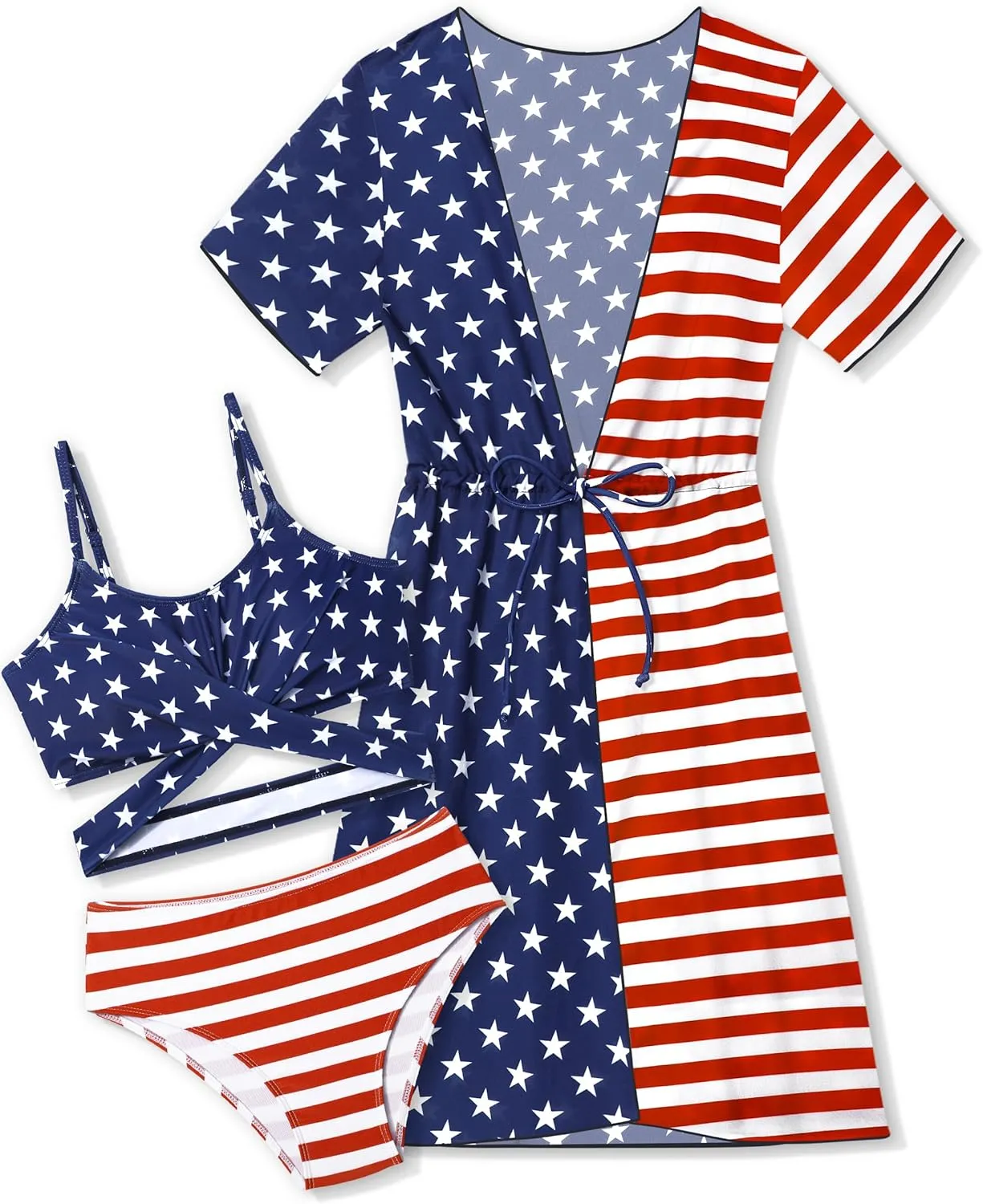 Girls Swimsuit 3 Piece Tropical Print Bikini Set Criss Cross Bathing Suit with Drawstring Quick Dry Cover Up 7-16Y