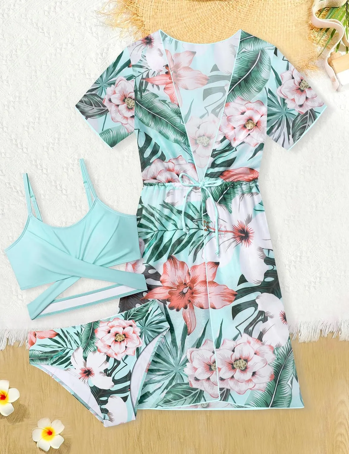 Girls Swimsuit 3 Piece Tropical Print Bikini Set Criss Cross Bathing Suit with Drawstring Quick Dry Cover Up 7-16Y