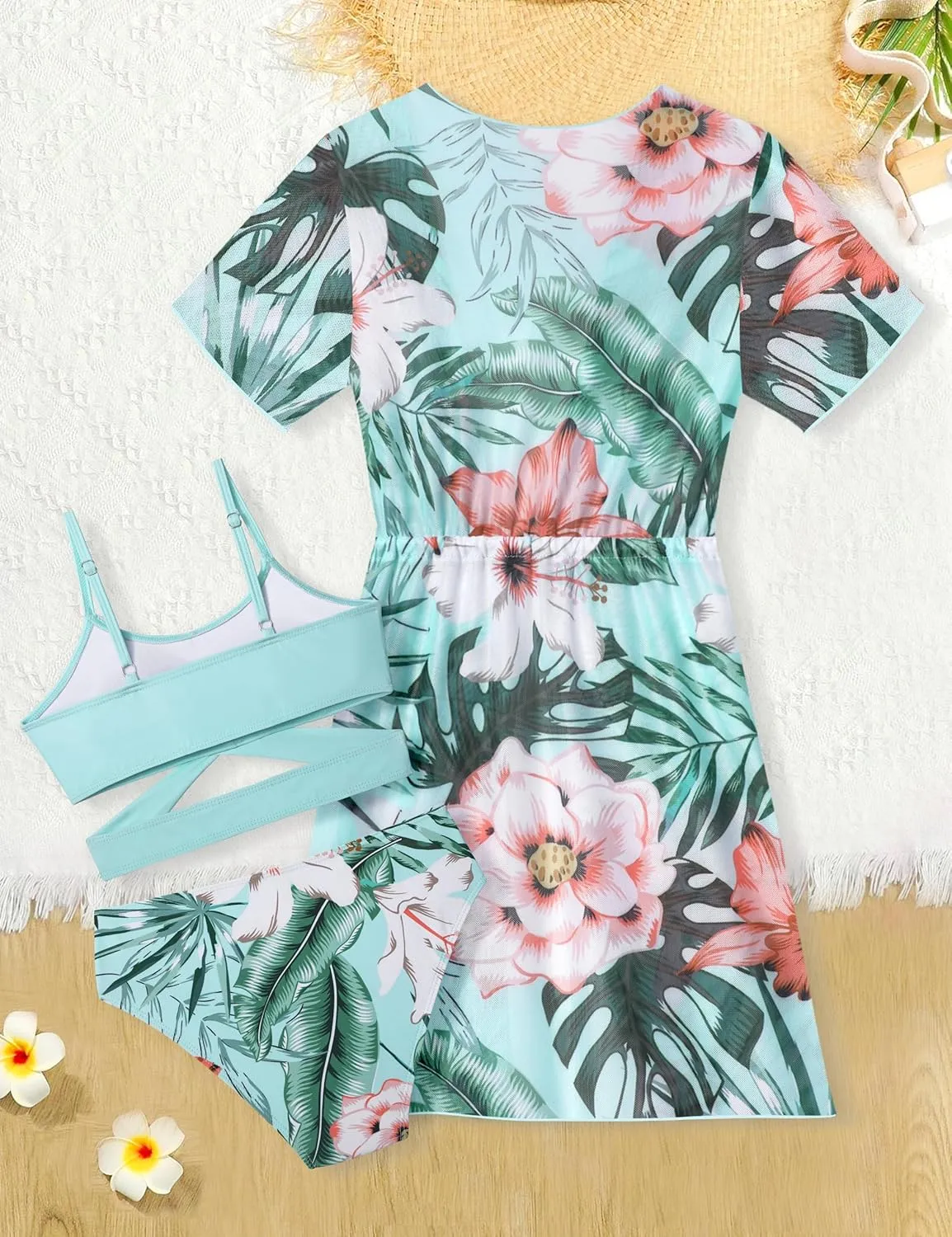Girls Swimsuit 3 Piece Tropical Print Bikini Set Criss Cross Bathing Suit with Drawstring Quick Dry Cover Up 7-16Y