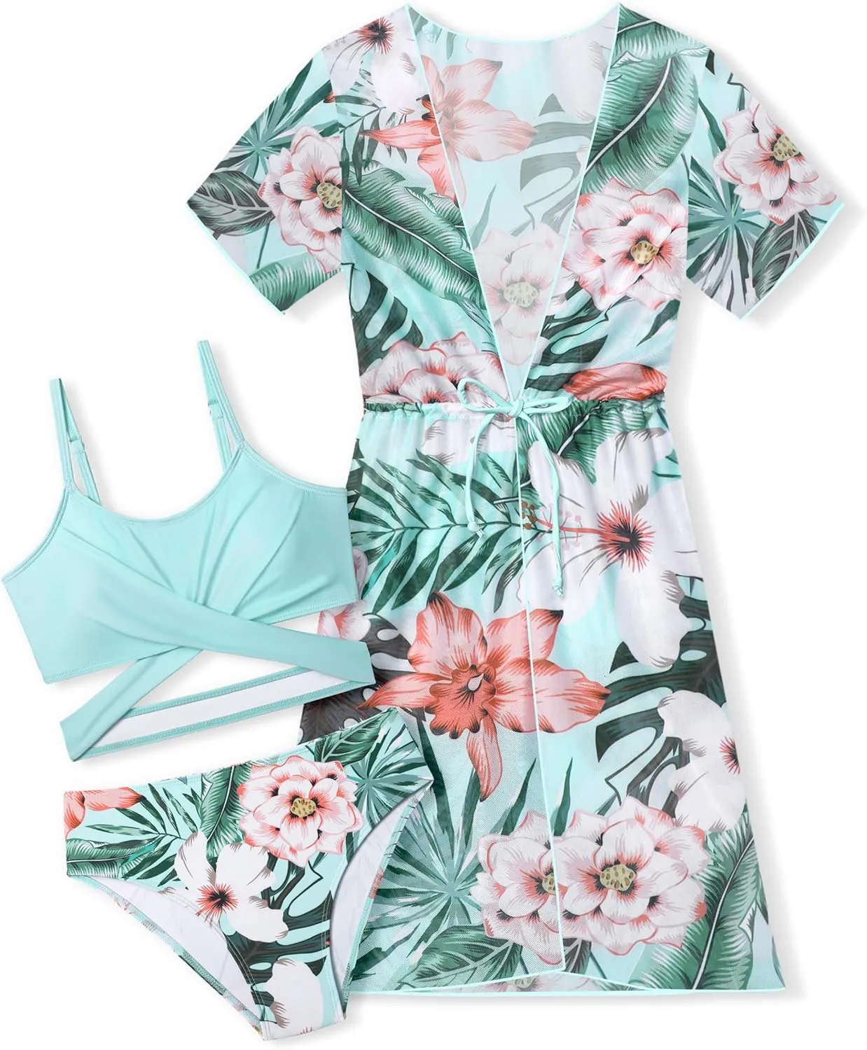 Girls Swimsuit 3 Piece Tropical Print Bikini Set Criss Cross Bathing Suit with Drawstring Quick Dry Cover Up 7-16Y