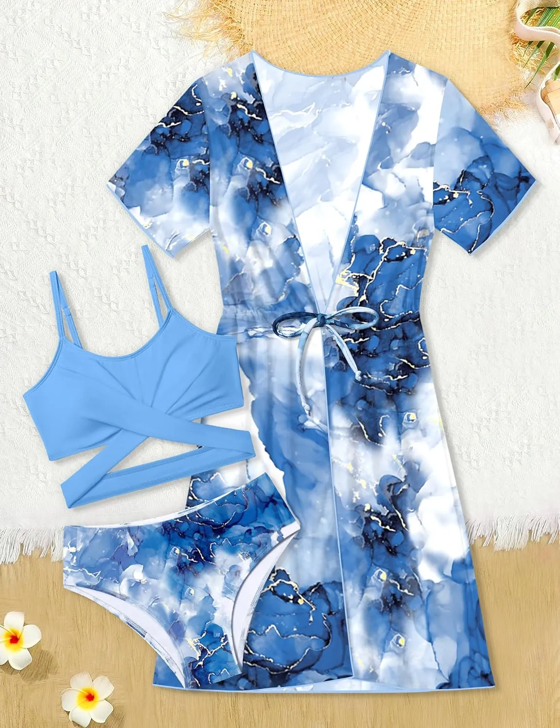 Girls Swimsuit 3 Piece Tropical Print Bikini Set Criss Cross Bathing Suit with Drawstring Quick Dry Cover Up 7-16Y