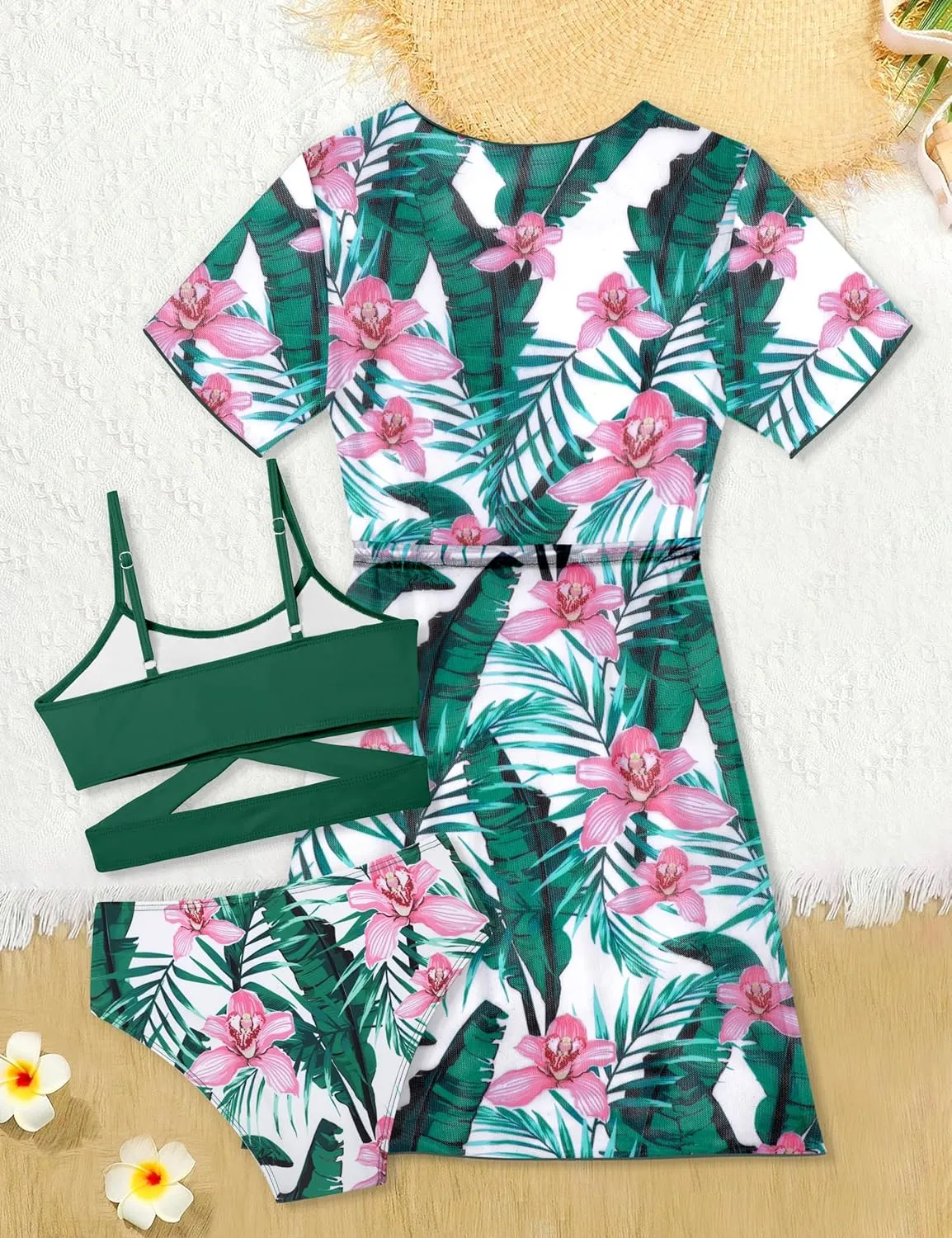 Girls Swimsuit 3 Piece Tropical Print Bikini Set Criss Cross Bathing Suit with Drawstring Quick Dry Cover Up 7-16Y