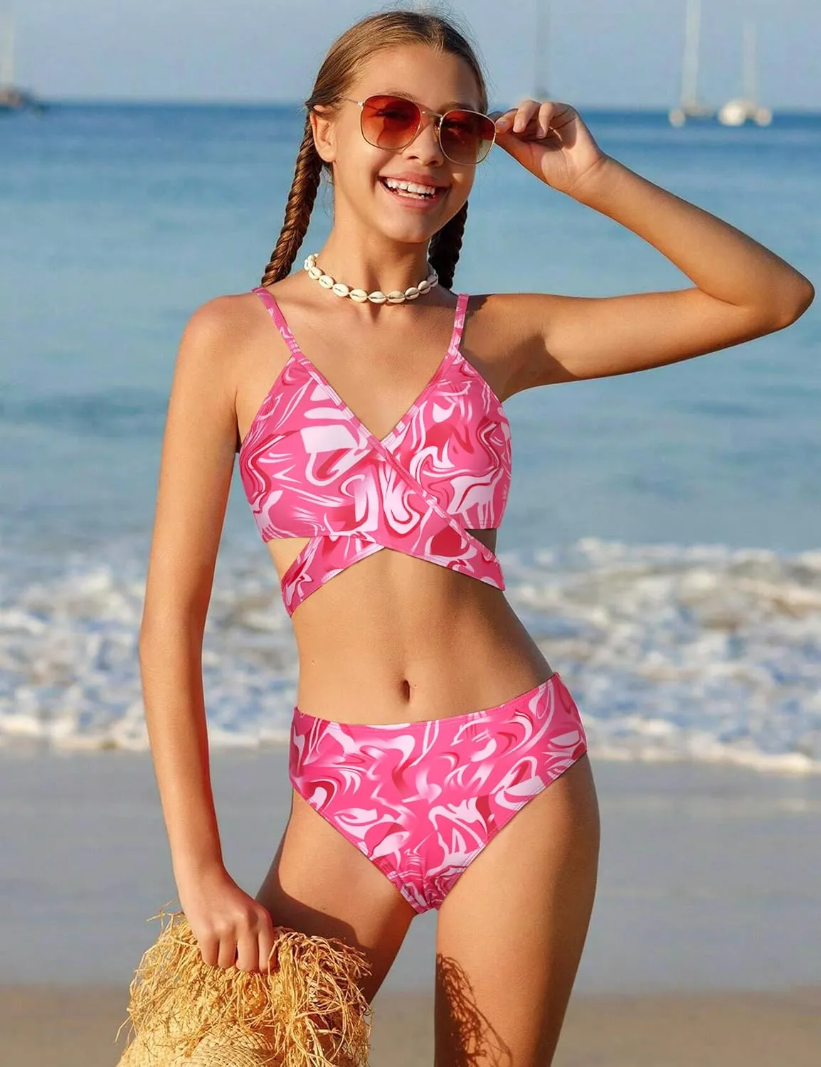 Girls Swimsuits 3 Piece Bathing Suit Allover Printed Criss Cross Bikini Set with Cover Up Skirt Beach Swimwear 7-16 Years