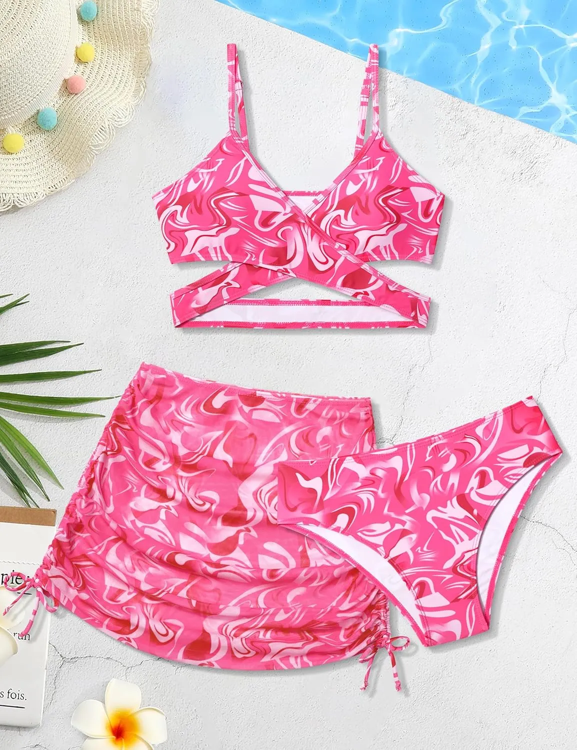 Girls Swimsuits 3 Piece Bathing Suit Allover Printed Criss Cross Bikini Set with Cover Up Skirt Beach Swimwear 7-16 Years