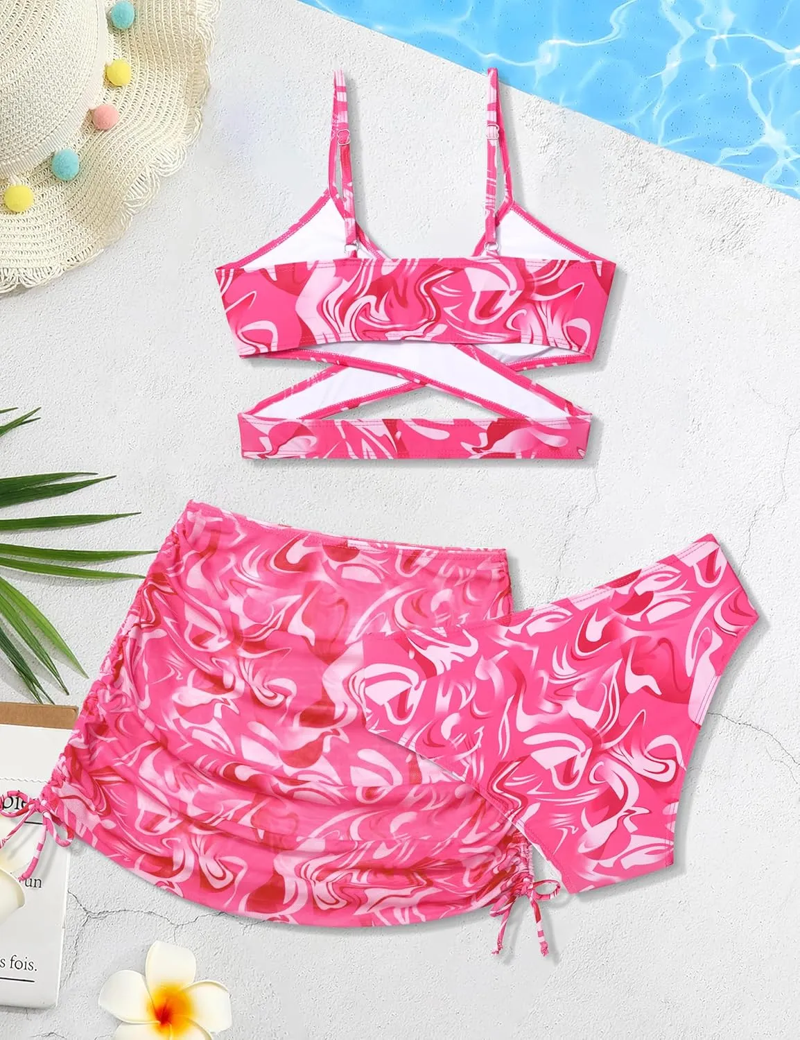 Girls Swimsuits 3 Piece Bathing Suit Allover Printed Criss Cross Bikini Set with Cover Up Skirt Beach Swimwear 7-16 Years