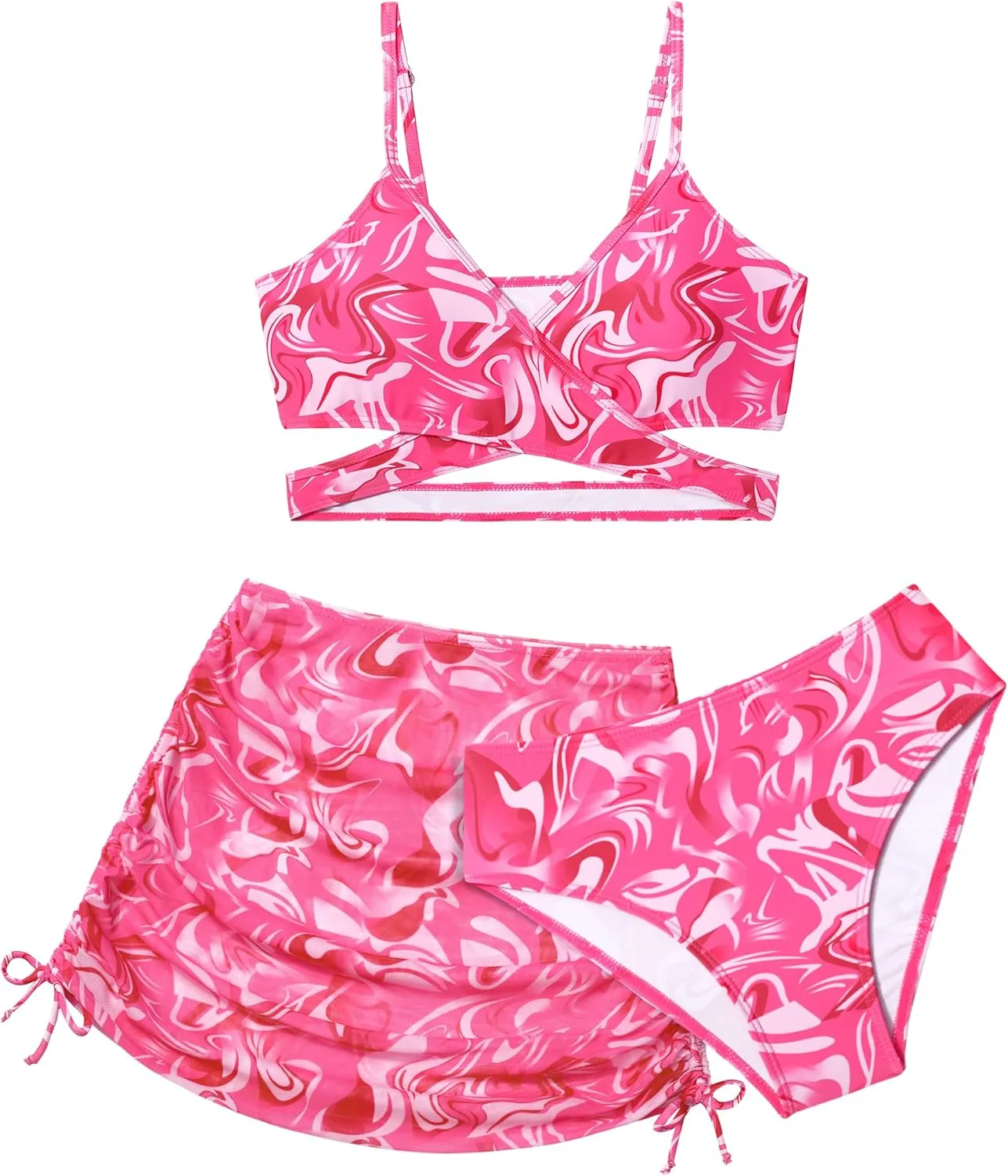 Girls Swimsuits 3 Piece Bathing Suit Allover Printed Criss Cross Bikini Set with Cover Up Skirt Beach Swimwear 7-16 Years