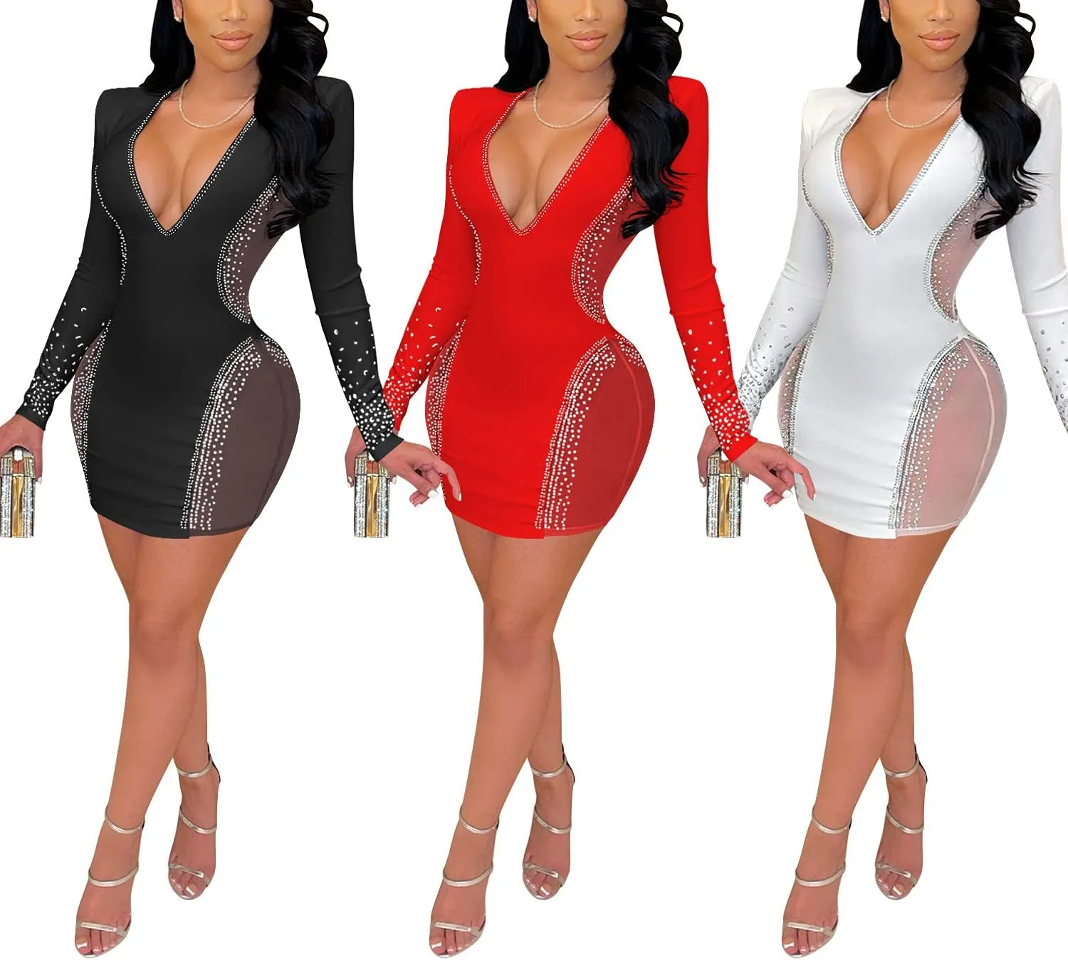 JUNBOON Women's Sexy Mesh See Through Rhinestone Bodycon Zipper Midi Dress Clubwear Outfit