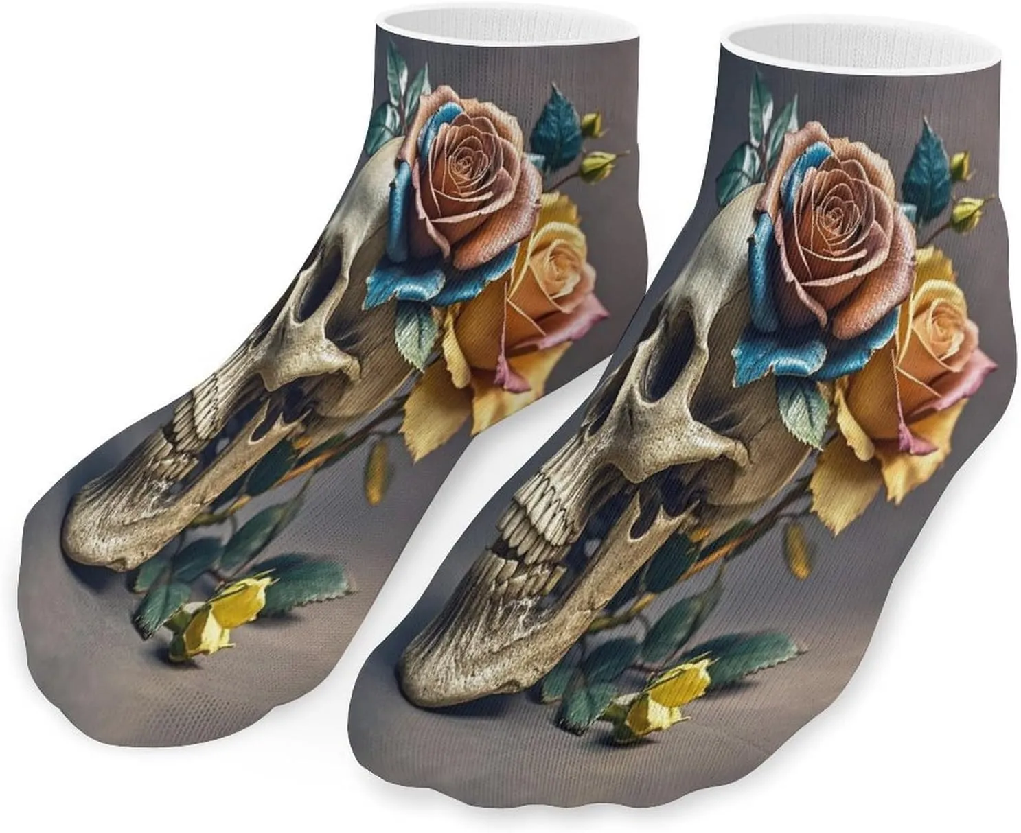 Leather Rose Skull Socks Low Cut Ankle Short Sock Novelty Casual Invisible Liner Socks for Men Women