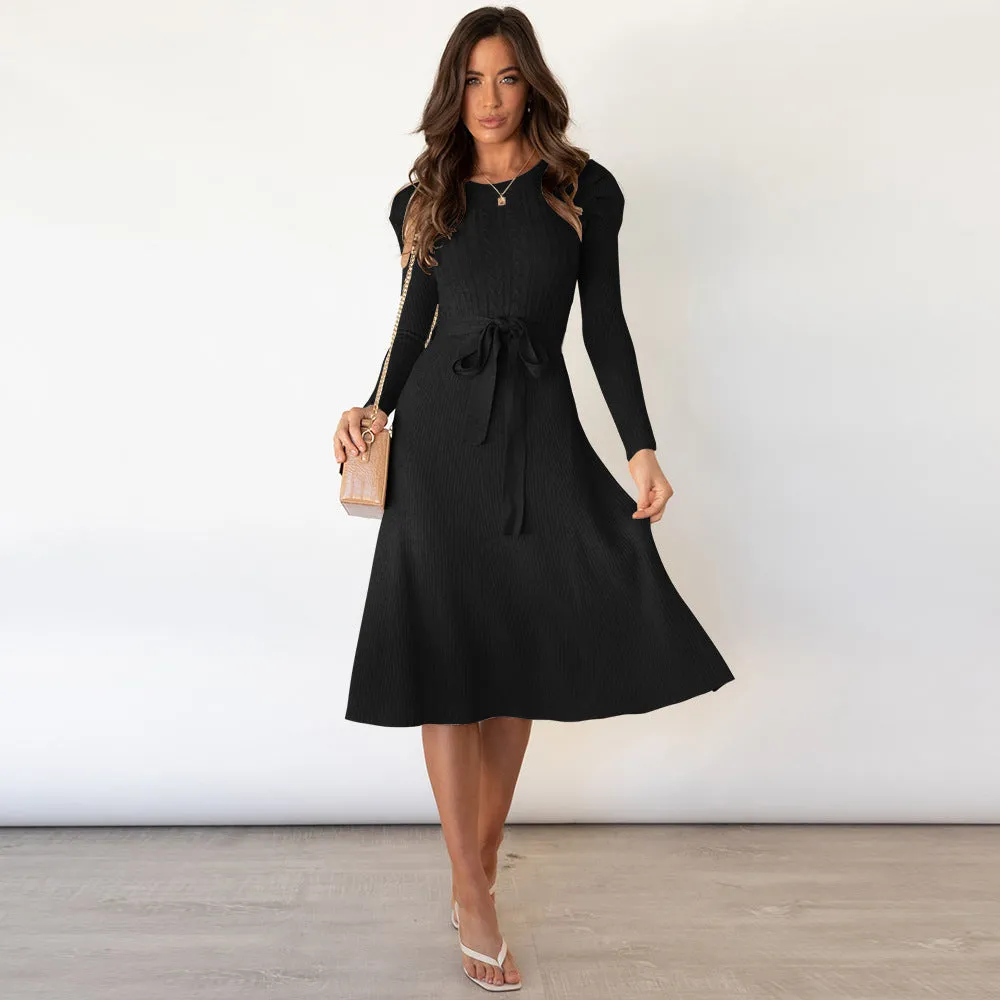 Long Sleeve Crewneck Waist Swing Casual Knit Sweater Dress