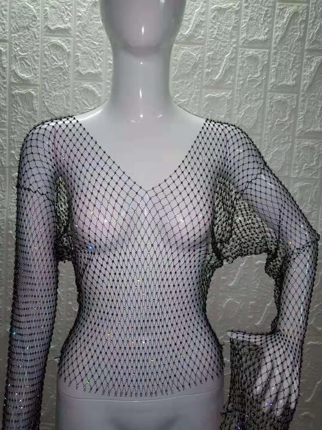 Lrady Women's Rhinestone Mesh Fishnet Bodycon Club Dress See Through Beach Swimwear Bikini Cover Up