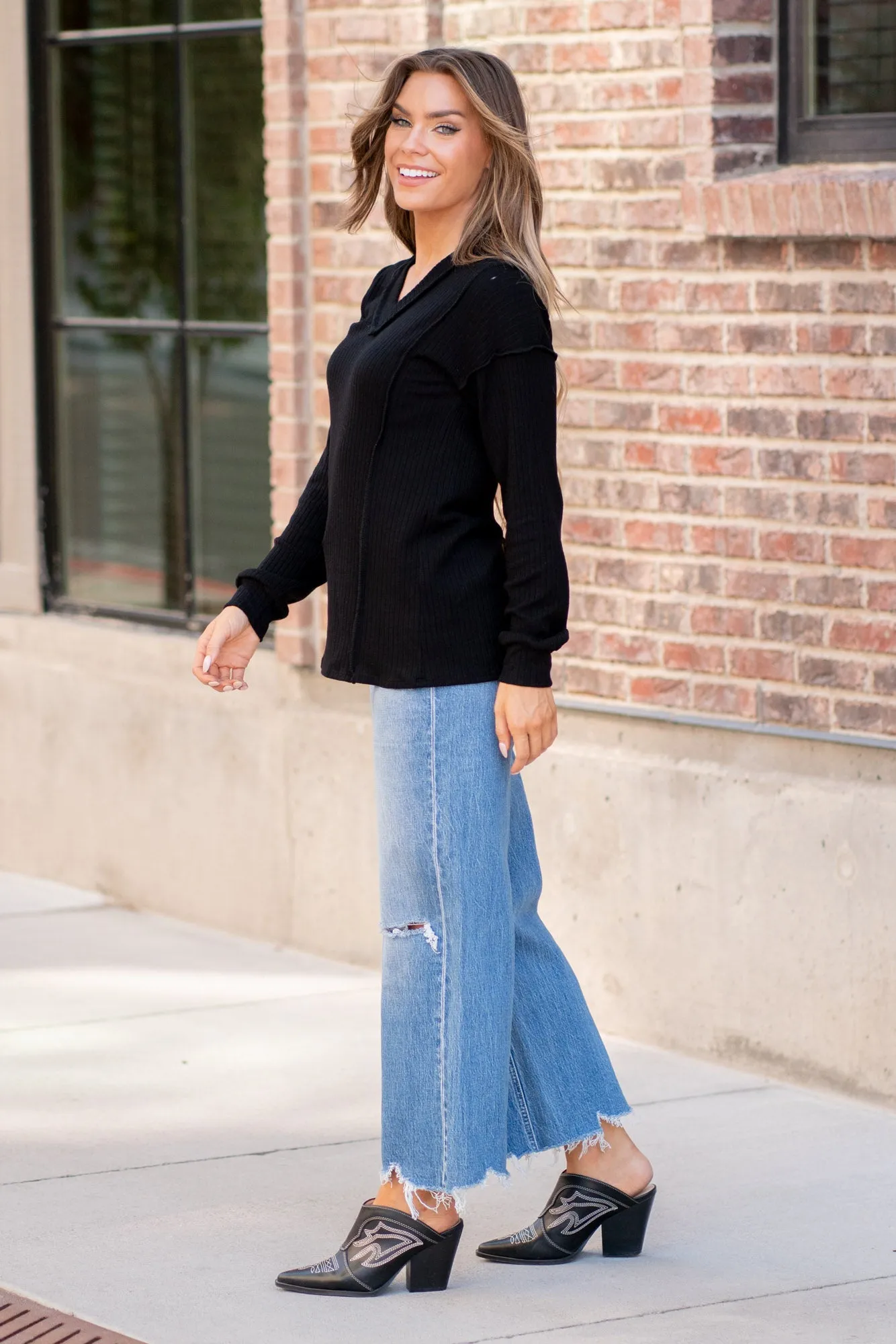 Ribbed V-Neck Exposed Seam Top Regular & Plus Sizes