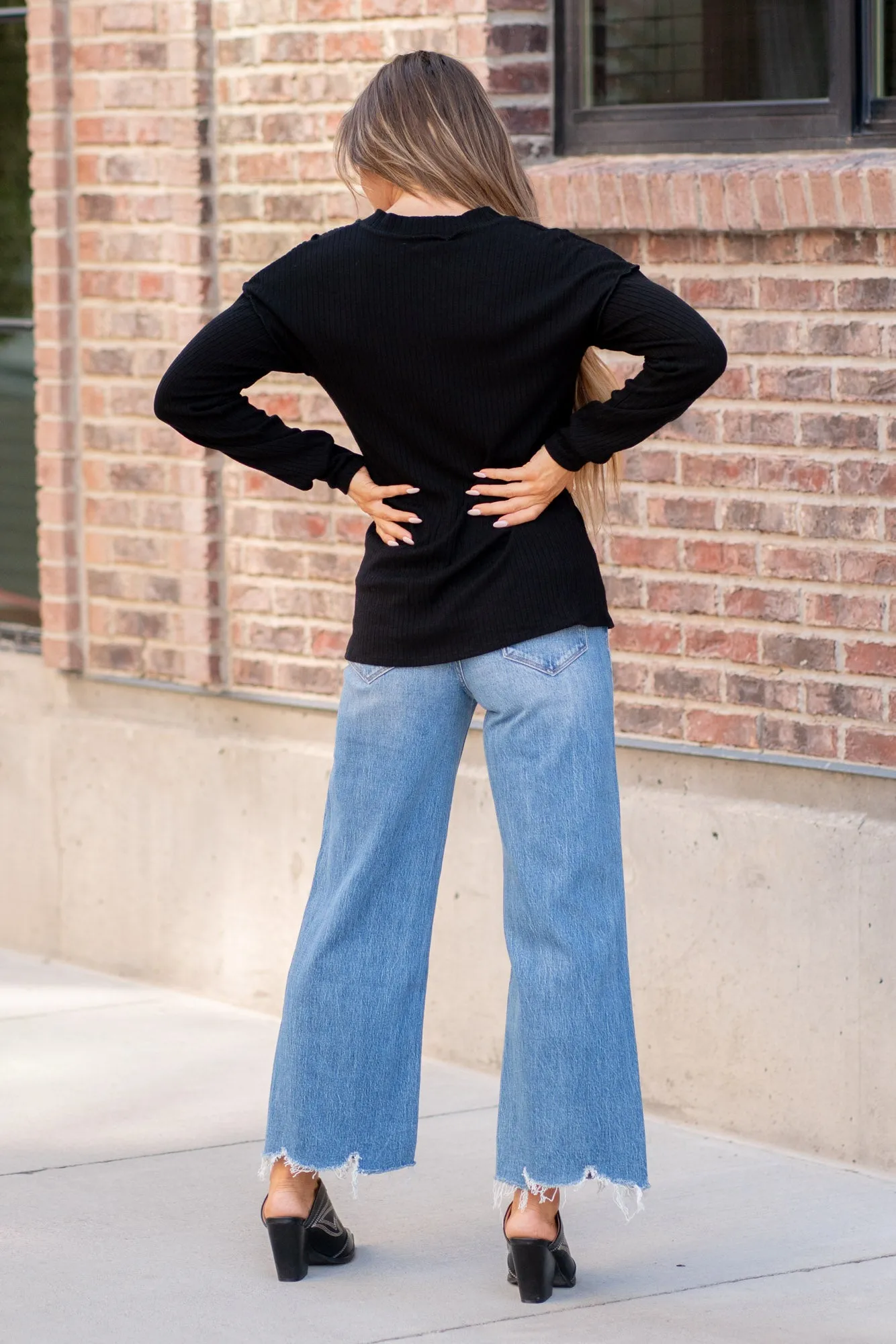 Ribbed V-Neck Exposed Seam Top Regular & Plus Sizes