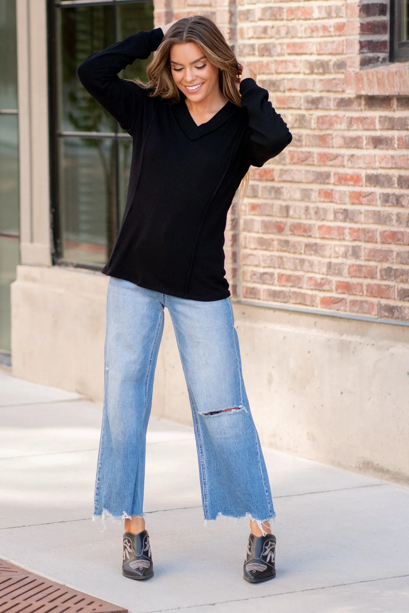 Ribbed V-Neck Exposed Seam Top Regular & Plus Sizes