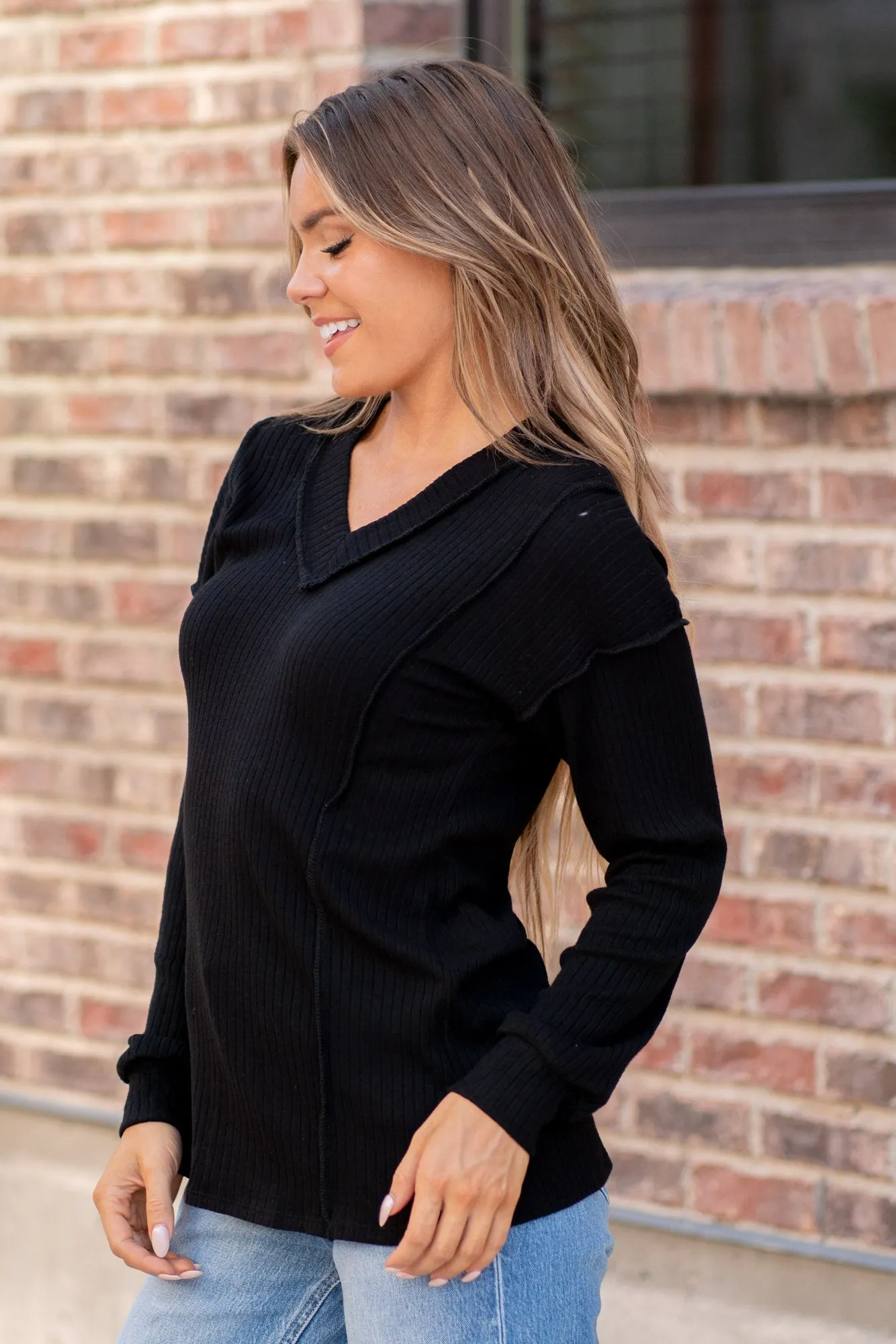 Ribbed V-Neck Exposed Seam Top Regular & Plus Sizes