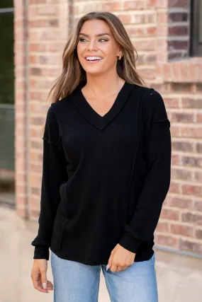 Ribbed V-Neck Exposed Seam Top Regular & Plus Sizes