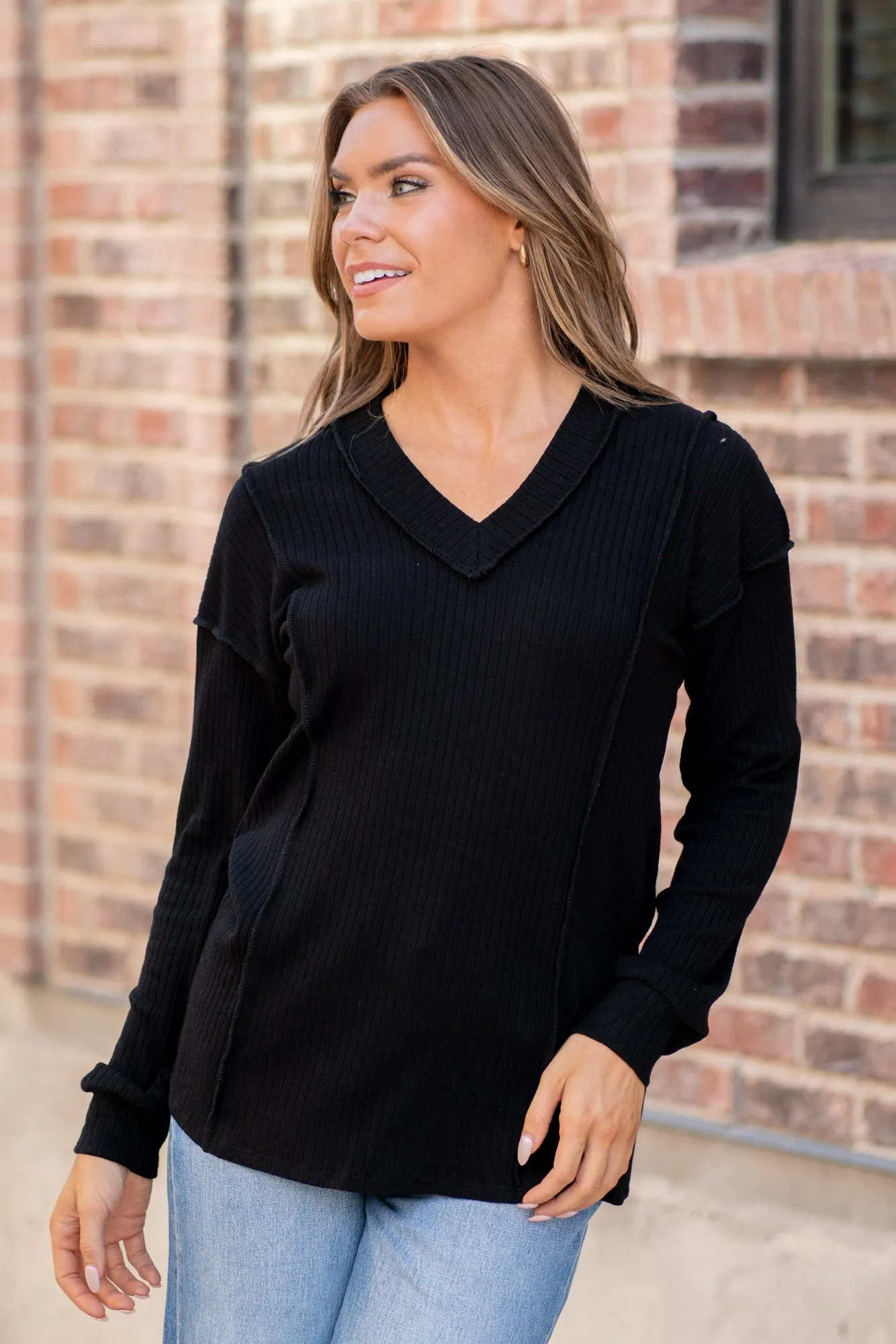 Ribbed V-Neck Exposed Seam Top Regular & Plus Sizes