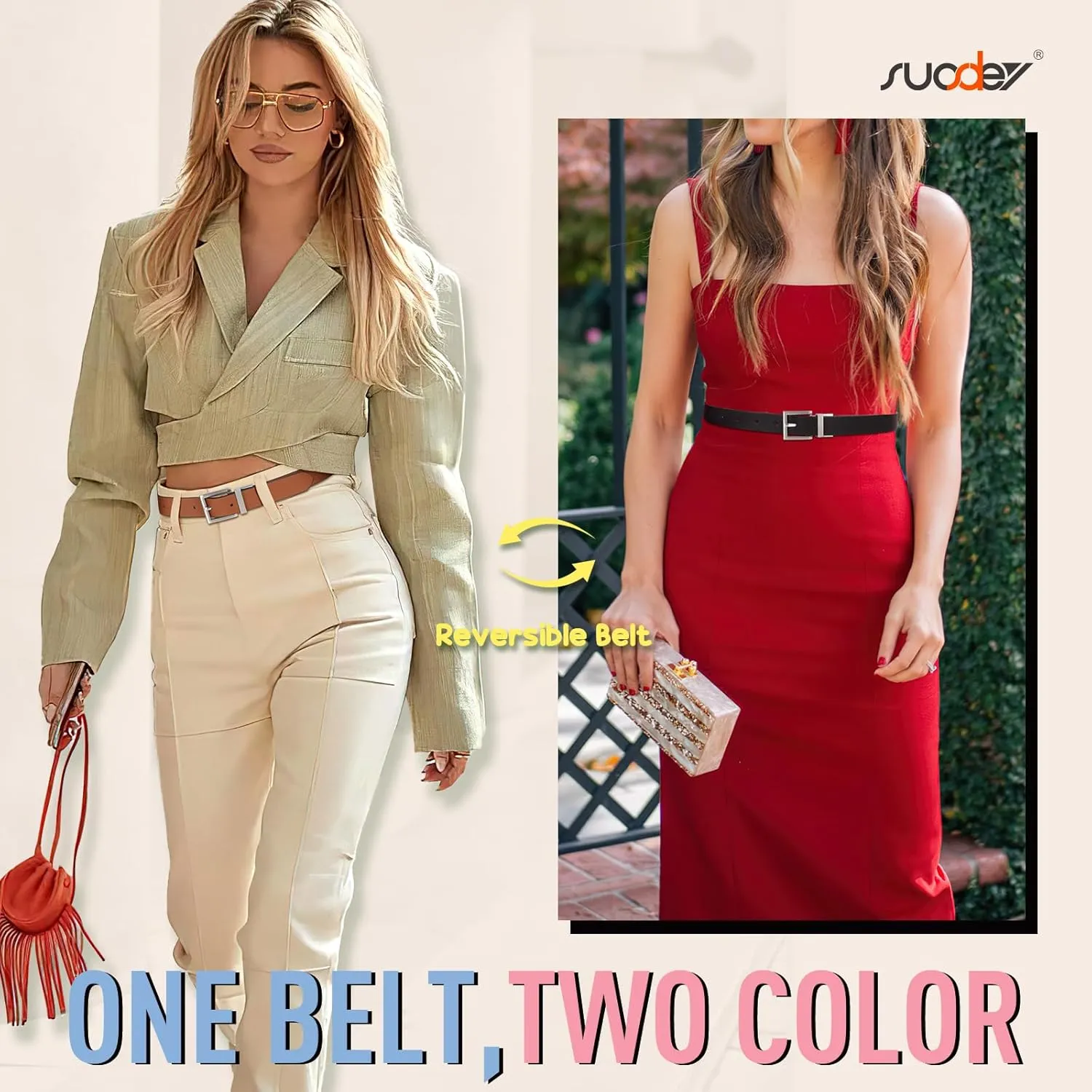 SUOSDEY Women Reversible Leather Belt with Rotating Pin Buckle for Jeans Pants Dresses, Fashion Ladies Waist Belt