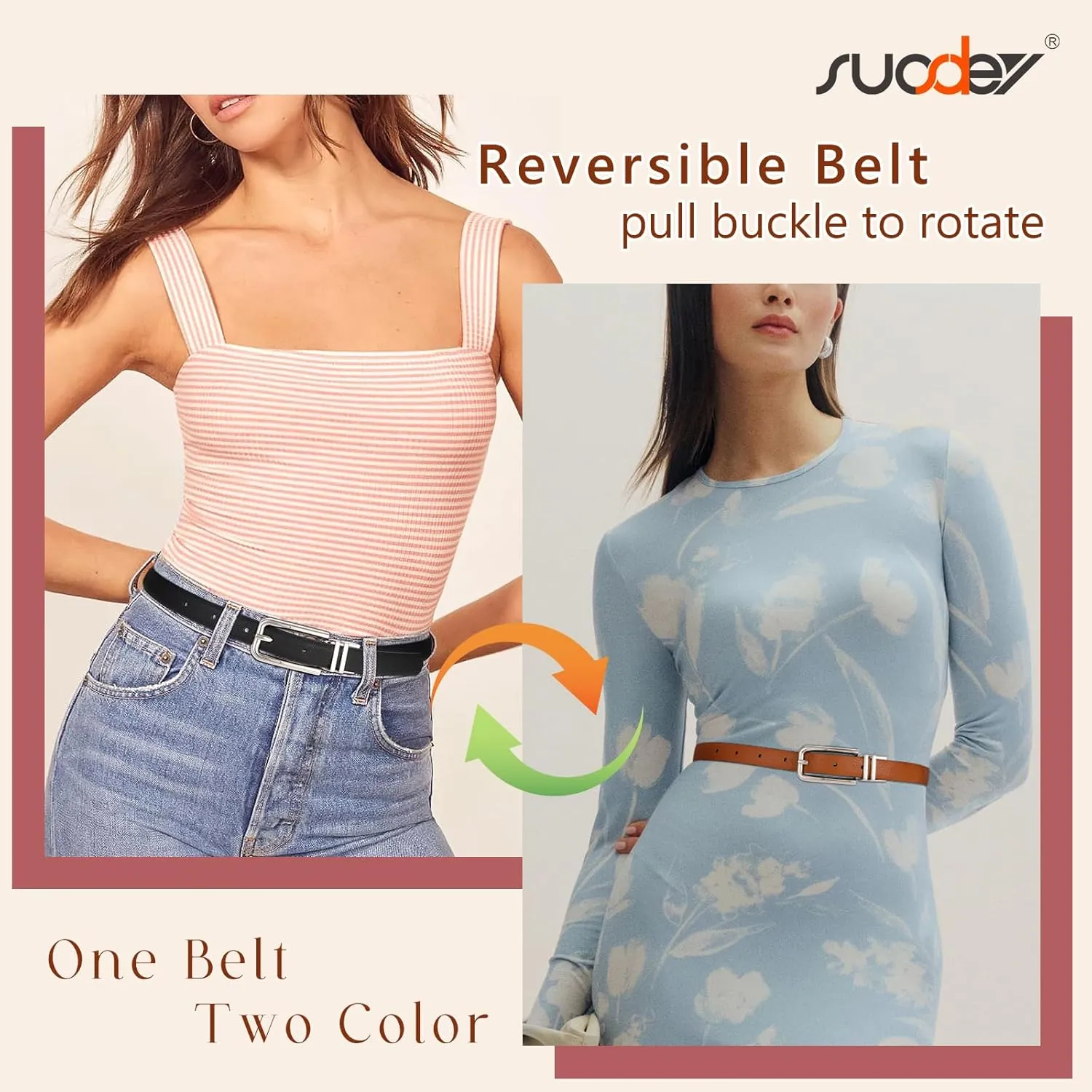 SUOSDEY Women Reversible Leather Belt with Rotating Pin Buckle for Jeans Pants Dresses, Fashion Ladies Waist Belt