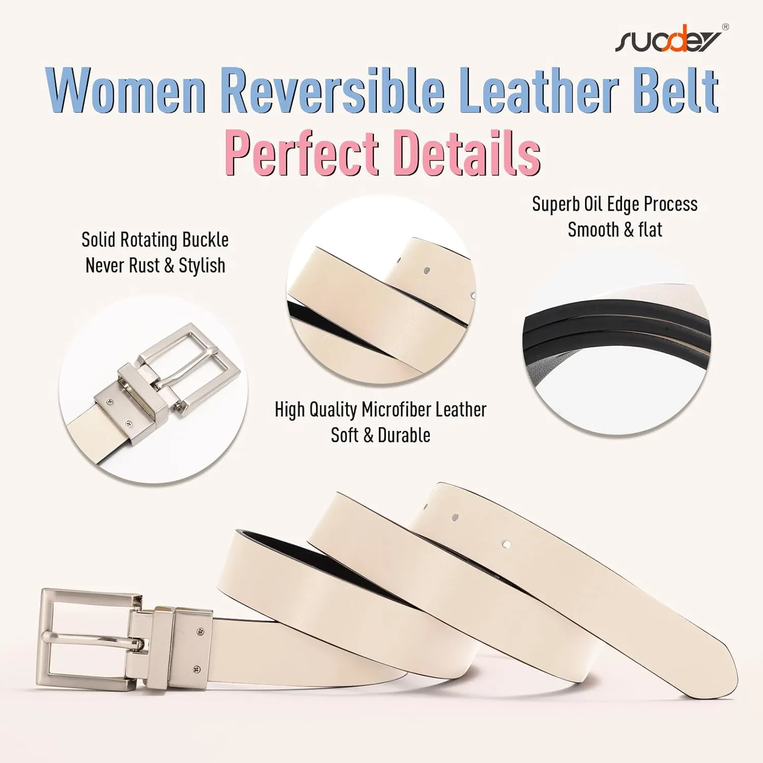 SUOSDEY Women Reversible Leather Belt with Rotating Pin Buckle for Jeans Pants Dresses, Fashion Ladies Waist Belt